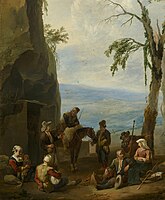 Italian Landscape with Resting Peasants label QS:Len,"Italian Landscape with Resting Peasants" label QS:Lnl,"Italiaans landschap met rustend landvolk" . circa 1655-1660. oil on canvas mounted on panel. 57.4 × 47.5 cm (22.5 × 18.7 in). The Hague, Mauritshuis.