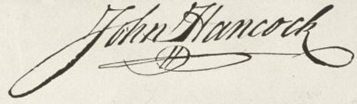 The handwriting of John Hancock's stylish signature， which slants slightly to the right， is firm and legible. The final letter loops back to underline his name in a flourish.