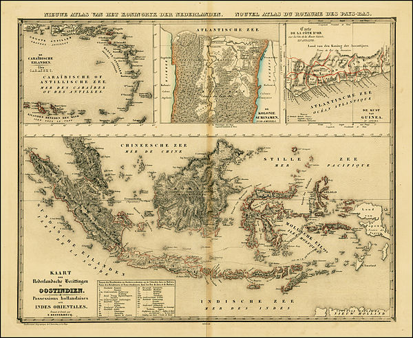 Map of the Dutch colonial possessions around 1840. Included are the Dutch East Indies, Curaçao and Dependencies, Suriname, and the Dutch Gold Coast.