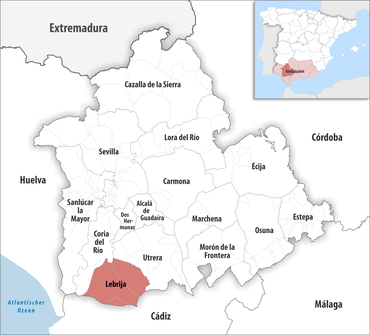 Die Lage des Gerichtsbezirk Lebrija in der Provinz Sevilla