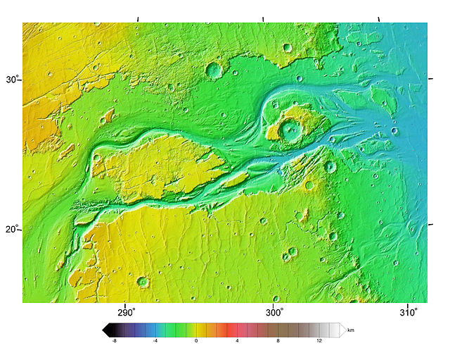 Kasei Valles, seen in MOLA elevation data. Flow was from bottom left to right. North is up. Image is approx. 1,600 km (990 mi) across. The channel sys