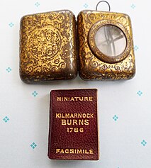 The miniature facsimile edition of Robert Burns 1786 volume of poems. Kilmarnock Edition, Robert Burns Facsimile Miniature and case.JPG