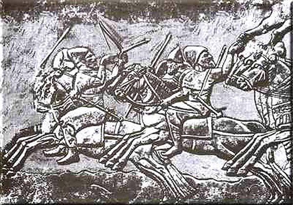 An Assyrian relief depicting Cimmerian mounted warriors