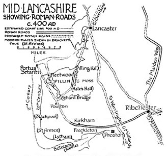 Reconstruction of Roman roads in mid-Lancashire around 400 AD showing possible location of Portus Setantiorum or Portus Setantii Lancashire.AD400.jpg