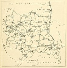 Landkreis Goslar nach der Ausgliederung der Stadt Goslar (1922) und vor der Ausgliederung der Gutsbezirke Grauhof und Riechenberg (1928); das Gebiet entsprach dem Ostteil des 1802 aufgelösten Hochstifts Hildesheim.