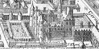 The Pavillon du Roi and Lescot Wing with the rest of the medieval castle still standing, Merian map of Paris (1615)