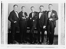 The Revelers in 1925 (l-r): Ed Smalle, Franklyn Baur, Elliot Shaw, Lewis James, Wilfred Glenn Lewis James and Elliot Shaw and Wilfred Glenn as the Revelers circa 1925.jpg