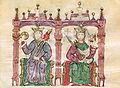 Liuva y Leovigildo en la serie de retratos de Semblanza de reyes (ca. 1095, Biblioteca Nacional).