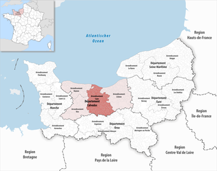 卡昂区在诺曼底大区与卡尔瓦多斯省的位置