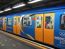A London Underground train decorated to promote London's olympic bid - this coincided with plans for investment the city's public transport network London 2012 train.jpg