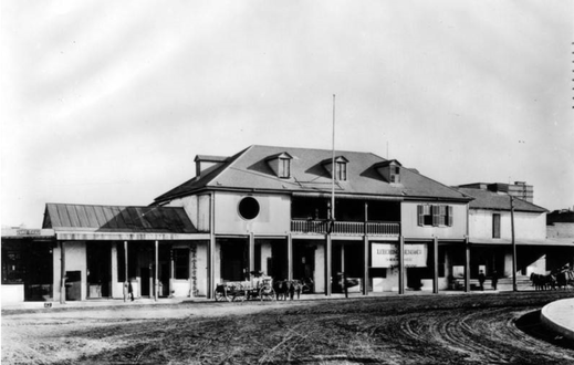 The Lugo Adobe (built 1840s, demolished 1950s) long anchored the east side of the Plaza; now site of Father Serra Park
