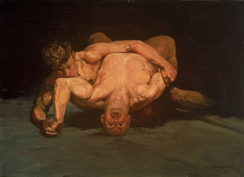A painting of two nude men with short hair wrestling on the ground, one lying on his back on top of the other, who is lying on his side, all with a black background