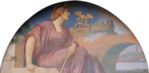 Wanita berpakaian dewi/dewa memegang Lambang staf