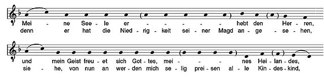 Traditional D minor setting of Luther's German Magnificat, which is a particular German version of the ninth tone or tonus peregrinus