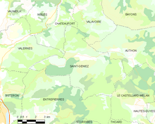 Mapa elementar mostrando os limites do município, municípios vizinhos, zonas de vegetação e estradas