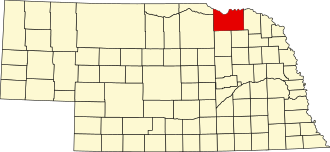 Location of Knox County in Nebraska Map of Nebraska highlighting Knox County.svg