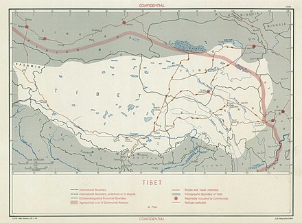 Tibet and approximate line of communist advance in February 1950