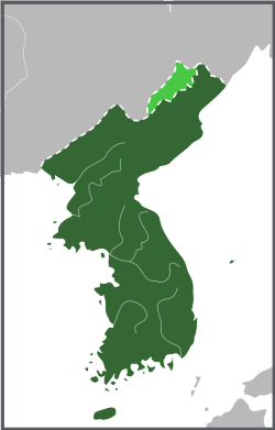 大韓帝國1903年- 1905年間的領土。 其中有爭議的間島和三池淵地區以淺綠色表示。