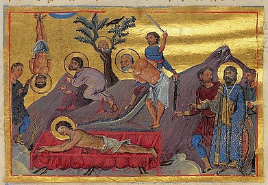 The martyrdom of Eustratius, Auxentius, Eugene, Mardarius and Orestes. (Menologion of Basil II, 11th century).