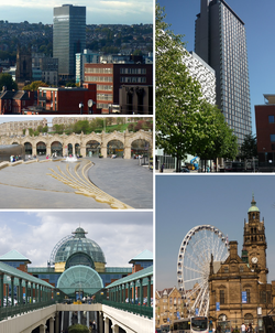 時計回りに上から、シェフィールド大学、St Pauls Tower, Wheel of Sheffield及びシェフィールド市庁舎, Meadowhall Centre, Sheffield station及びSheaf Square.