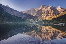 Morskie Oko alpine lake in the Tatra Mountains. Poland has one of the highest densities of lakes in the world. Morskie Oko o poranku.jpg