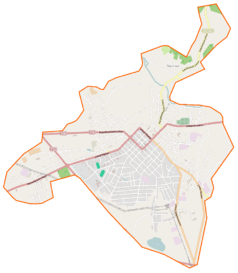 Mapa konturowa Mścisława, w centrum znajduje się punkt z opisem „Parafia Wniebowzięcia Najświętszej Maryi Panny w Mścisławiu”