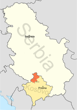 Map of North Kosovo, in orange, showing the divided city of Kosovska Mitrovica North Kosovo location map.png