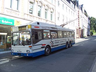 Trolleybus of the Solingen network in Wuppertal-Vohwinkel O-Bus Solingen Haltestelle Vohwinkel 100 8165.jpg