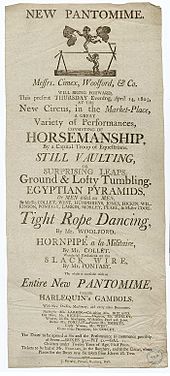Playbill of an English circus and pantomime performance, 1803 Pantomime 1803.jpg