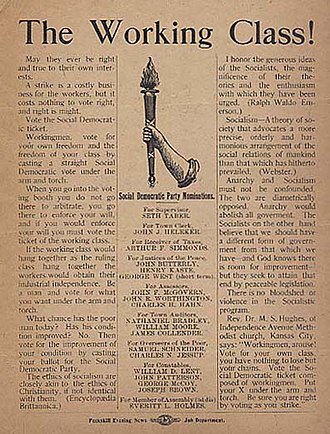 1900 leaflet of the Peekskill SDP which used an arm-and-torch logo reminiscent of the arm-and-hammer used by the Socialist Labor Party of America Peekskill-ny-sdp-leaflet-1900.jpg