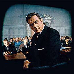 Raymond Burr and other cast members on the set of Perry Mason, from the front cover of Look magazine (October 10, 1961) Perry-Mason-Look-1961.jpg