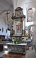 Seitenaltar rechts hinten von 1850, Oberbild "Schutzengel" von Maria Carolina Freudenreich (1886), Relief "Aufnahme Mariens in den Himmel" (unbekannter Künstler, um 1900?), Predella-Relief "Haus Nazareth" von Theodor Schnell d. Ä. (1900), Seitenfiguren hochbarock (um 1685)