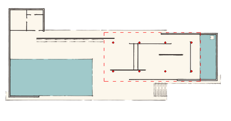 Plan of the Barcelona Pavilion. The columns (red) support the roof, while the walls are freely positioned. Planta libre-pabellon de barcelona.png