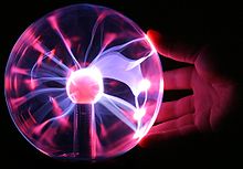 The effect of a conducting object (a hand) touching the plasma ball Plasma lamp touching.jpg