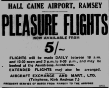 Advert for pleasure flights from Hall Caine Airport - summer 1935 Pleasure Flights from Hall Caine Airport.png