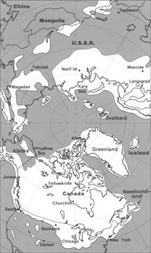 The maximum extent of glacial ice in the north polar area during the Pleistocene Period Pleistocene north ice map.jpg