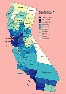 California's population density, 2020 Population density of California counties (2020).jpg