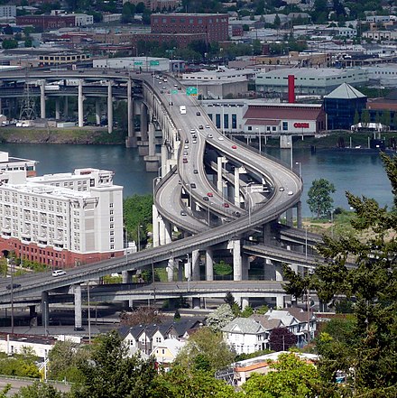 I-5 crosses the Willamette River on the Marquam Bridge, connecting two sides of Portland