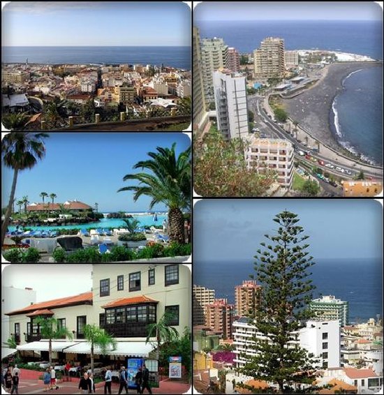 Puerto de la Cruz, Top left: Panorama view of Puerto de la Cruz; Top right: Martianez Beach; Middle left: Laguna Martianez; Bottom left: Armas Square 