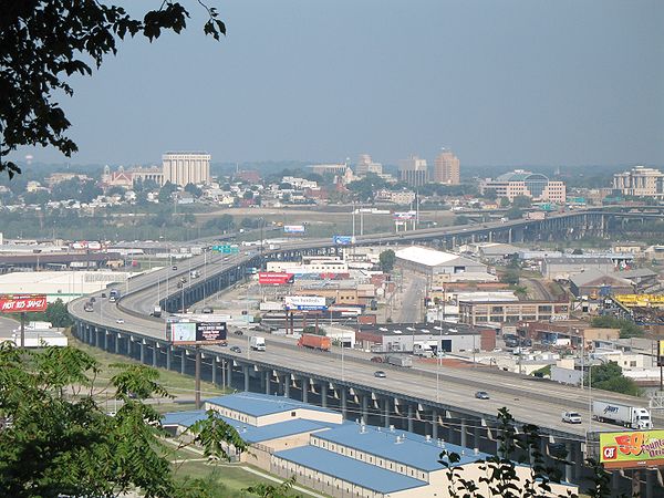 I-70 crossing on the Lewis and Clark Viaduct over the Kansas River from Kansas to Missouri in Kansas City, as seen from Quality Hill