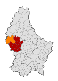 Map of Luxembourg with Rambrouch highlighted in orange, and the canton in dark red