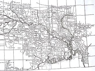 Situace zmapovaná Rennelem v roce 1764: malé vodní toky místo Jamuny, Brahmaputry teče na východ bez Gangy
