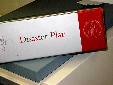 A disaster plan book at Rockefeller University in a biochemistry research laboratory.