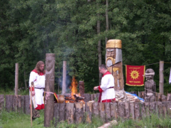 Sacrificers officiating at a ritual square (kapishche) in Kaluga, Kaluga Oblast, Russia. Rodnover shrine in Kaluga, Russia.png