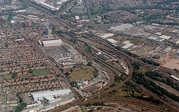 Crewe station looking NE showing the six converging classic railway lines Rth Crewe A-G 30.08.05R edited-2.jpg