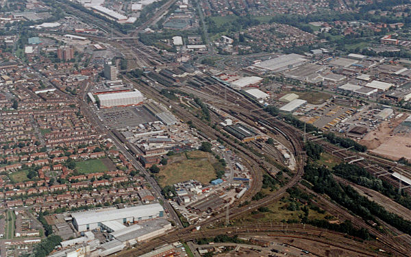 Crewe station looking NE, showing the six converging conventional railway lines in August 2005