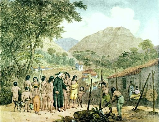 misionero en comunidad indigena amazonica, ilustracion