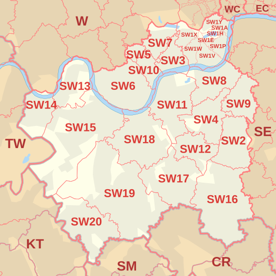 Mapa da área com código postal SW, mostrando distritos com códigos postais, cidades postais e áreas vizinhas com códigos postais.