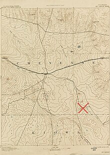 Approximate location of the 1864 Sand Creek Massacre marked on the 1890 USGS Kit Carson quadrangle topographical map; the Kit Carson station of the Kansas Pacific Railroad (later Union Pacific) opened in 1870 Sand Creek Massacre marked on 1890 USGS Kit Carson quadrangle.jpg