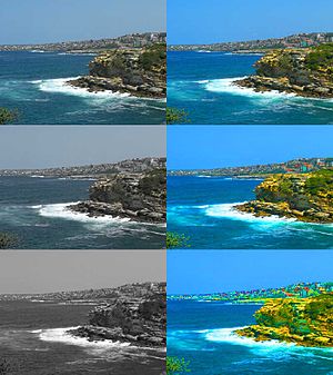 Examples of saturation.Top left = original image.